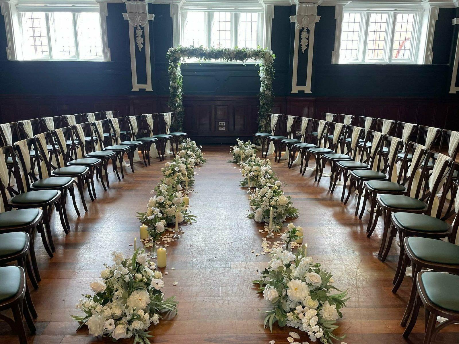 A wedding ceremony aisle dressed by Simply Elegant Hire at Morgans Hotel